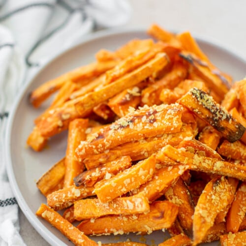 dog friendly sweet potato fries on a gray plate.
