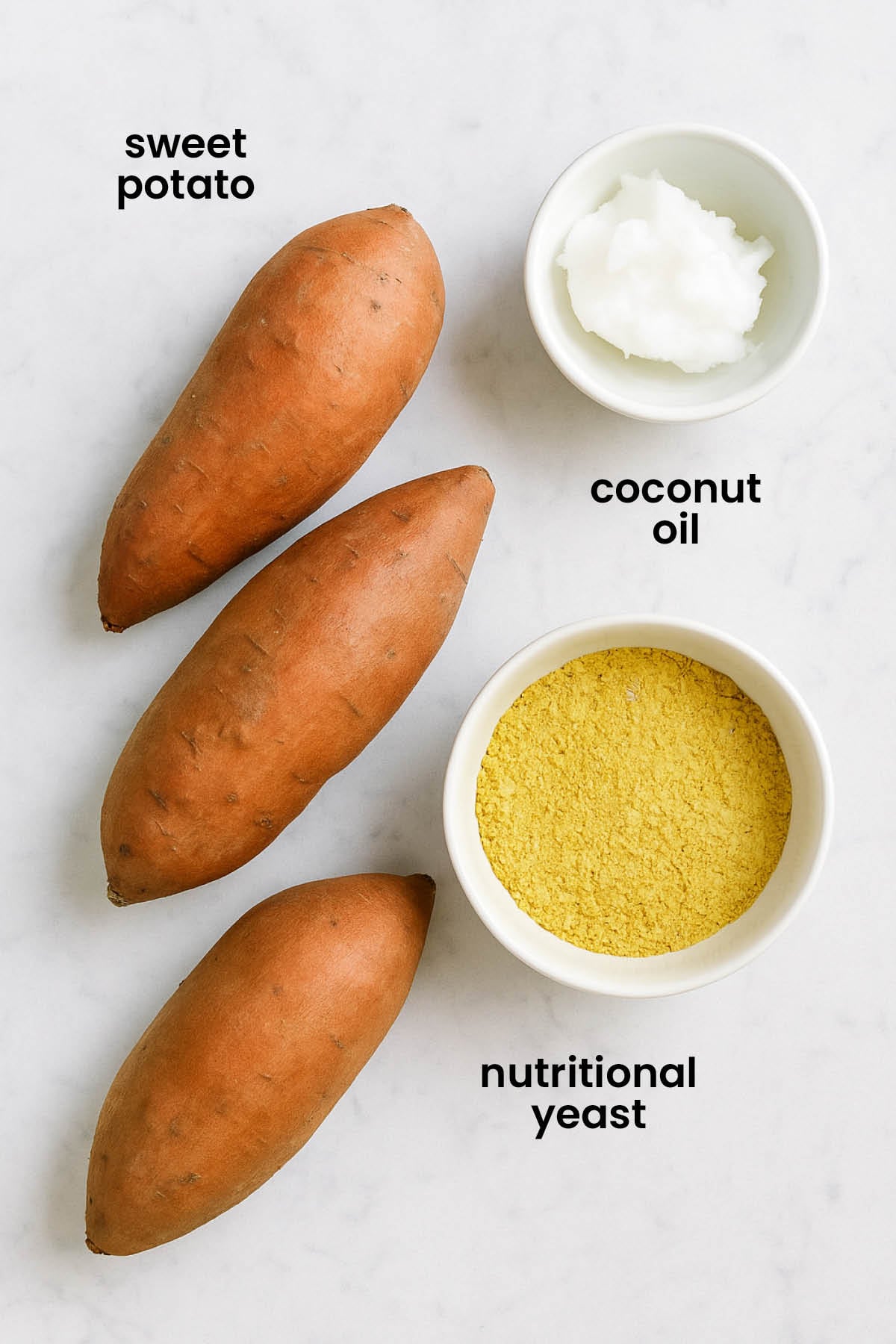 individual ingredients for dog friendly sweet potato fries laid out against a white background.