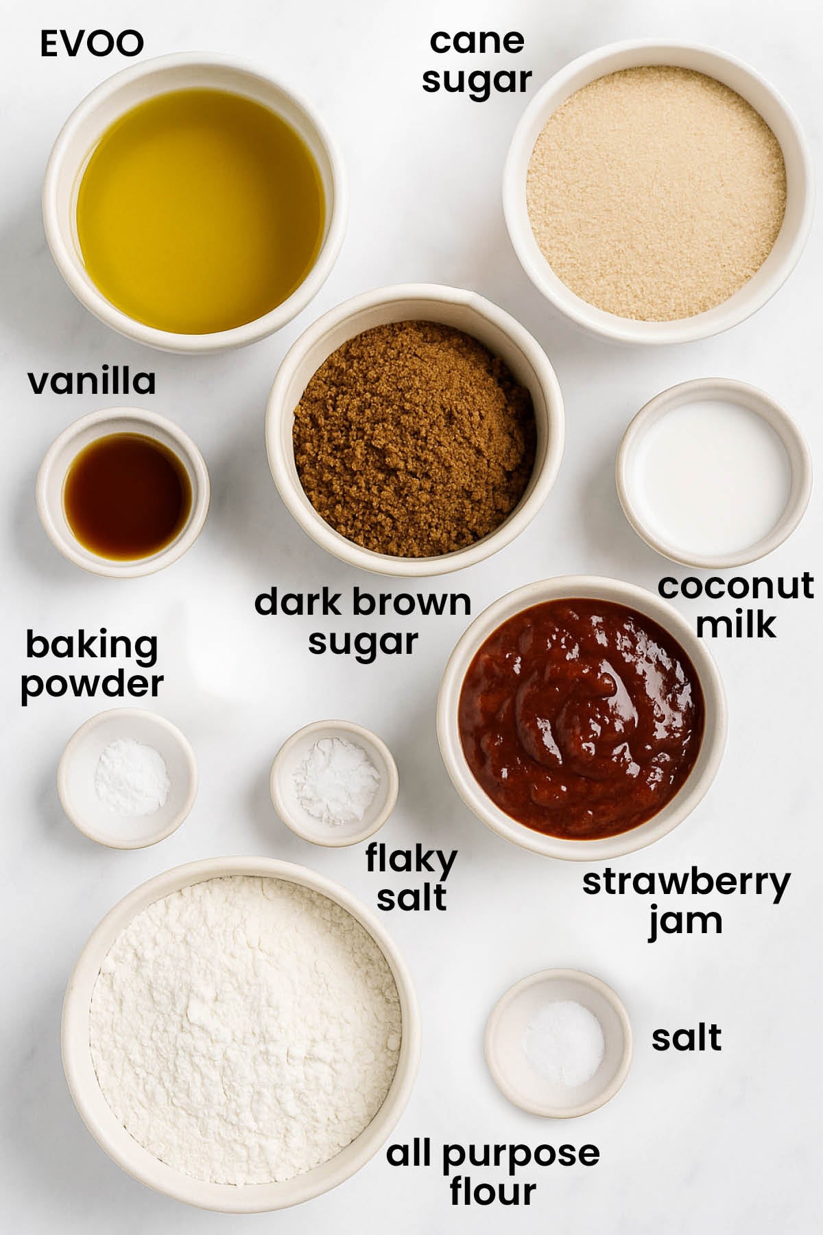 individual ingredients for olive oil strawberry blondies laid out against a white background.