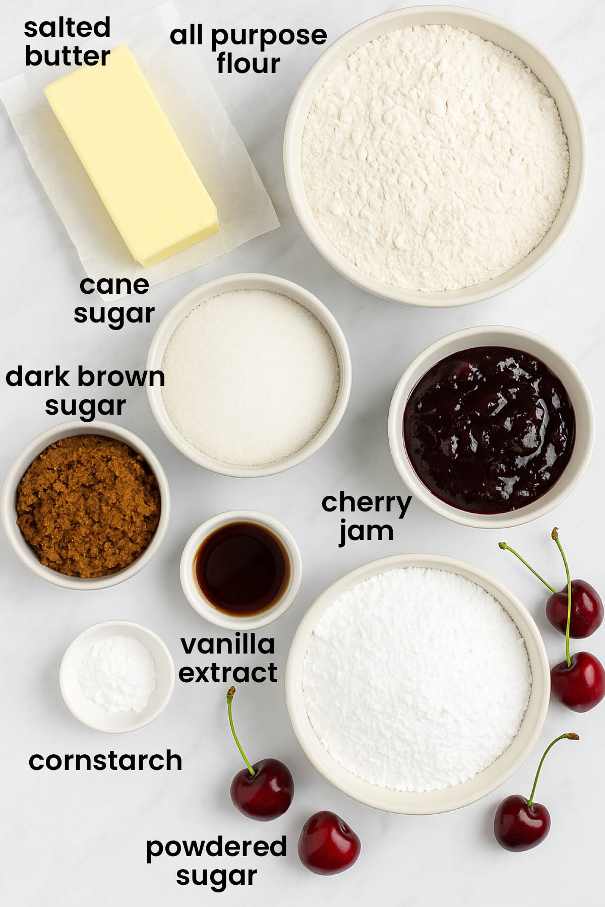 individual ingredients for cherry pie bars laid out against a white background.