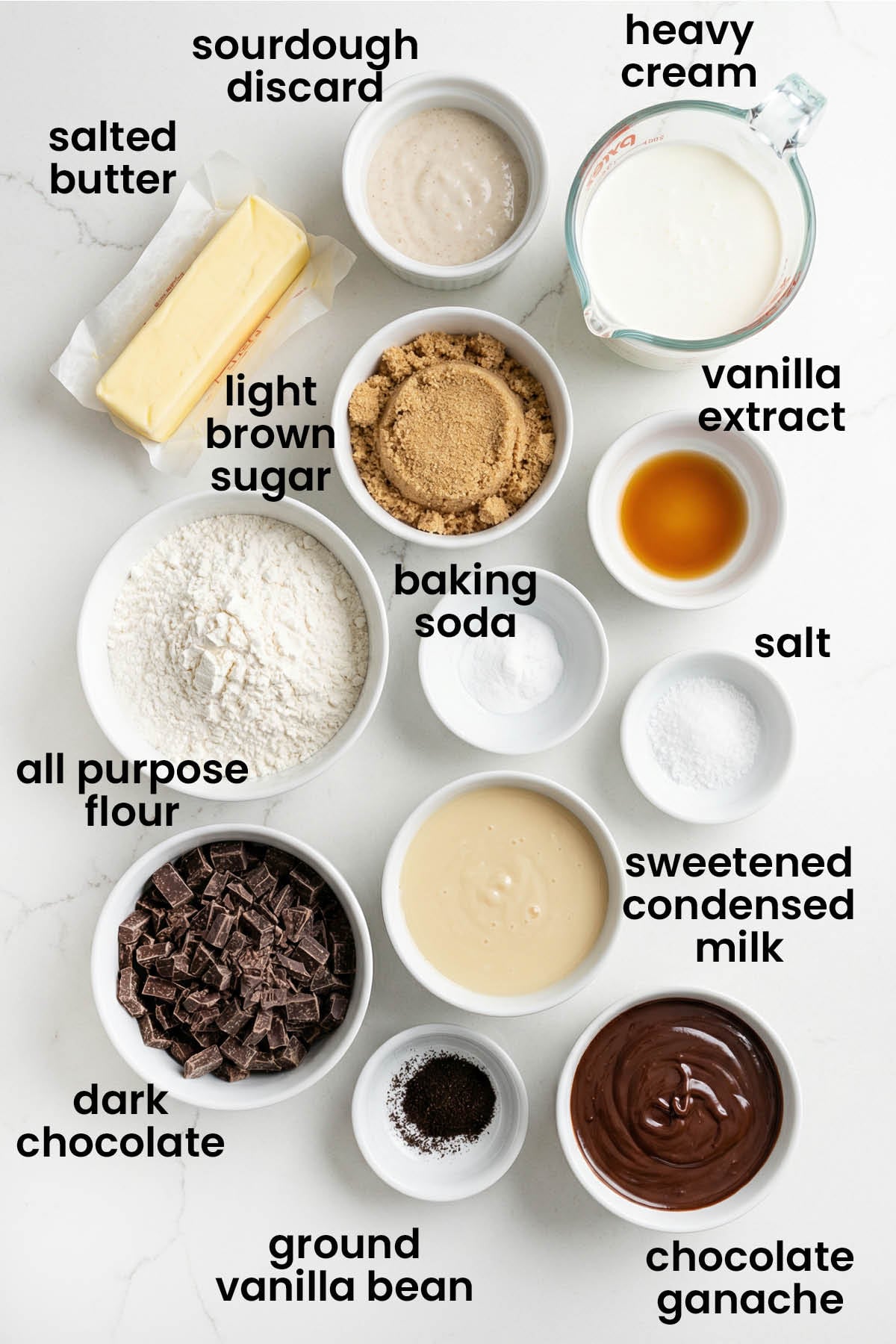 individual ingredients for chocolate chip ice cream sandwich recipe laid out against a white background.
