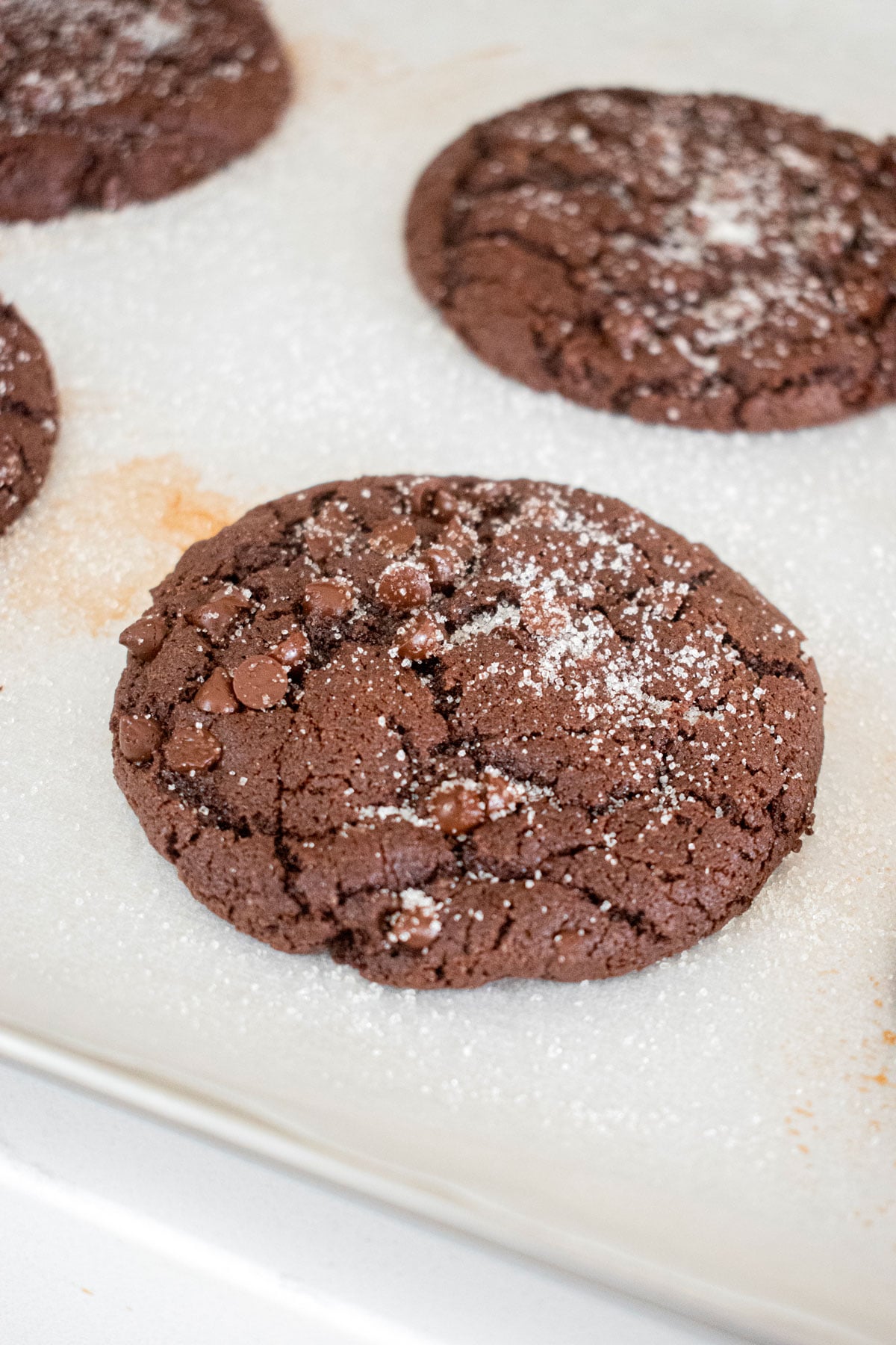 chewy chocolate espresso cookies on a baking sheet.