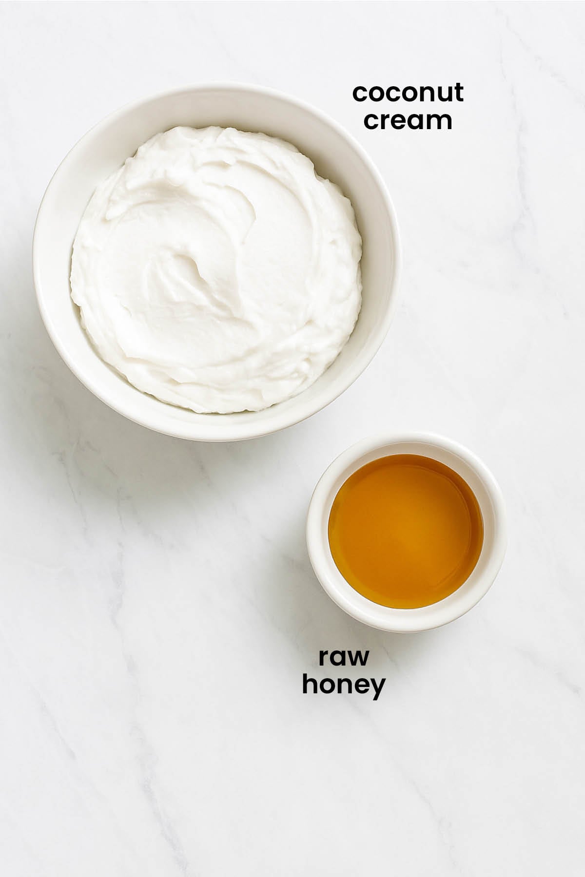 individual ingredients for dog friendly whipped cream laid out against a white background.