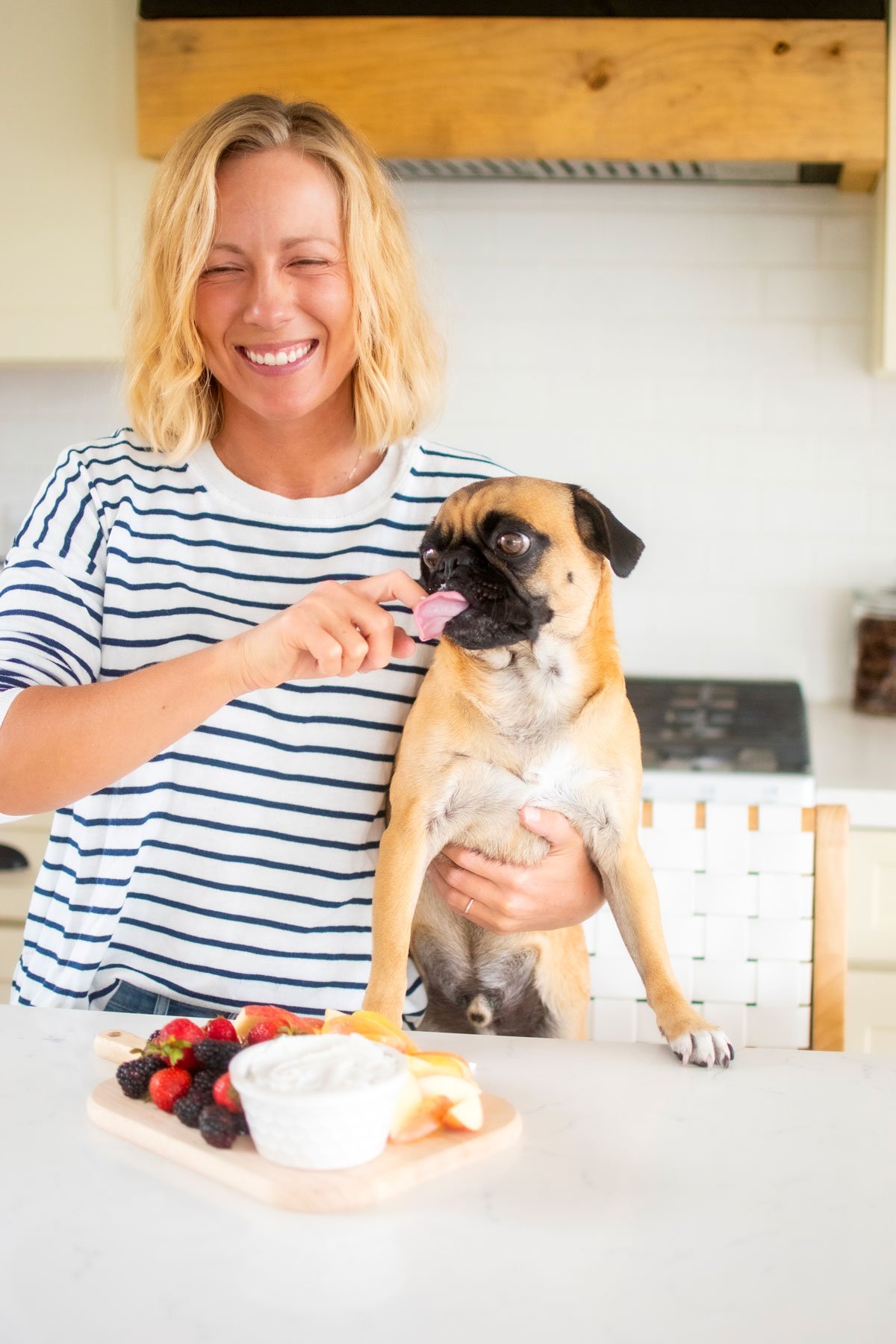 woman feeding pug dog friendly whipped cream off her finger in the kitchen.