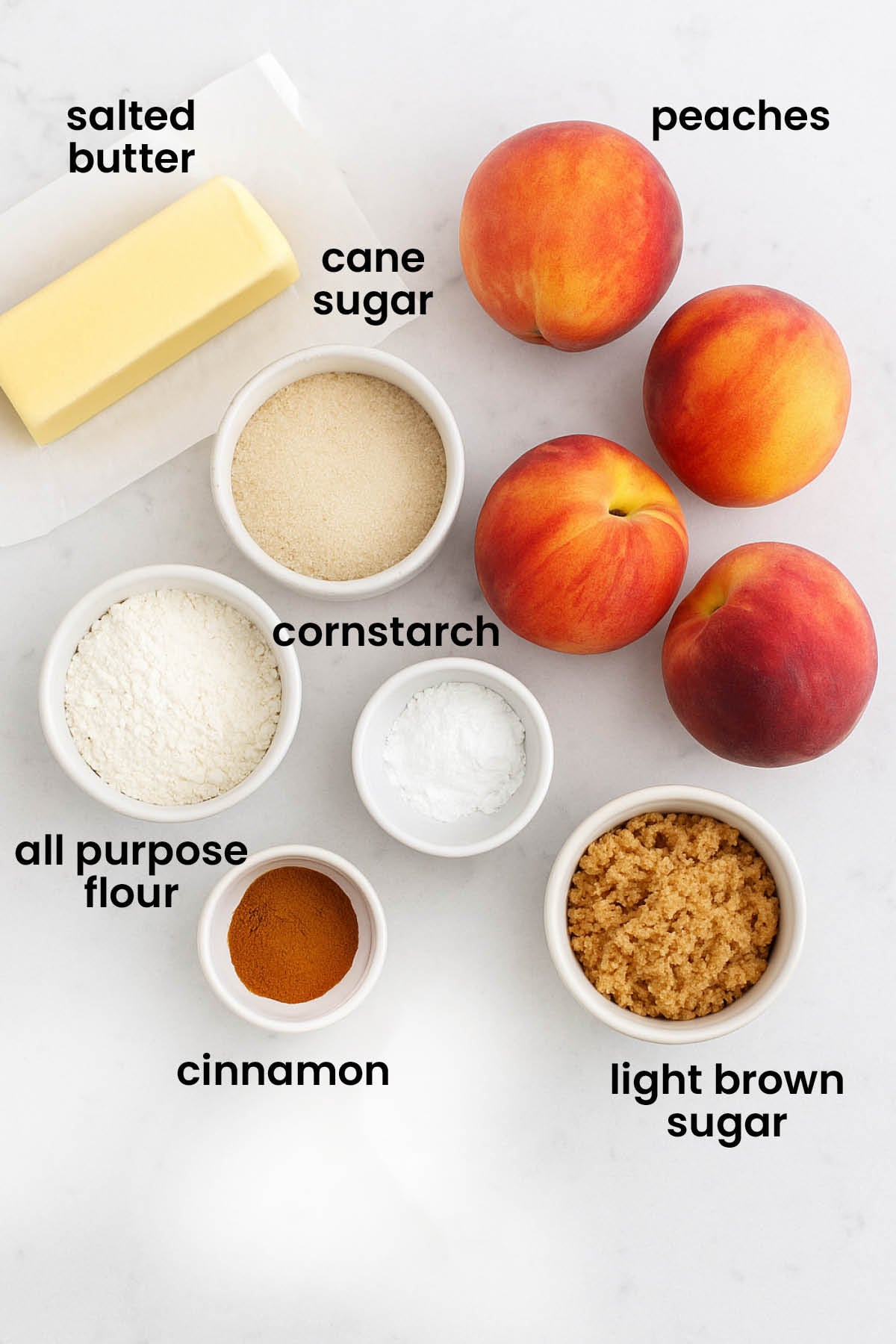 individual ingredients for peach crumble pie laid out against a white background.