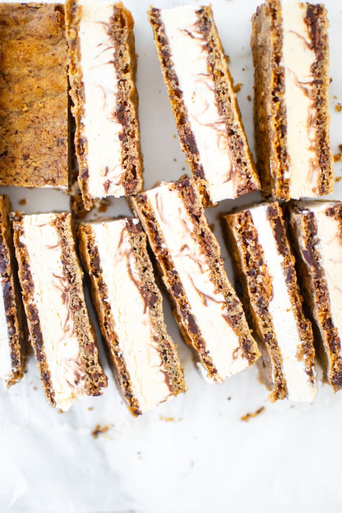 sourdough chocolate chip ice cream sandwiches on a white marble counter.