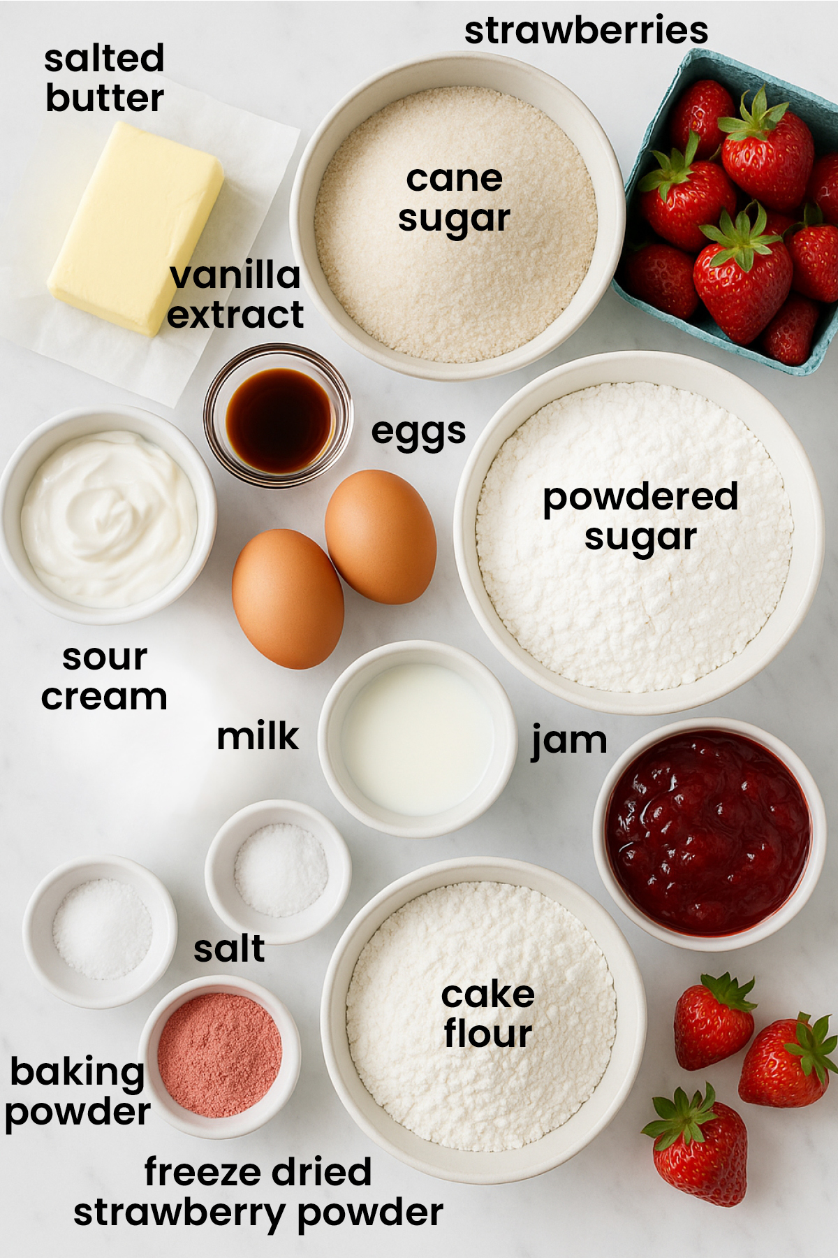individual ingredients for strawberry vanilla layer cake laid out against a white background.