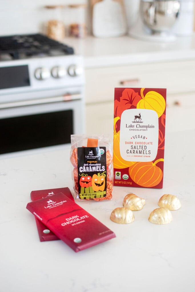 lake champlain chocolates on a white kitchen countertop.