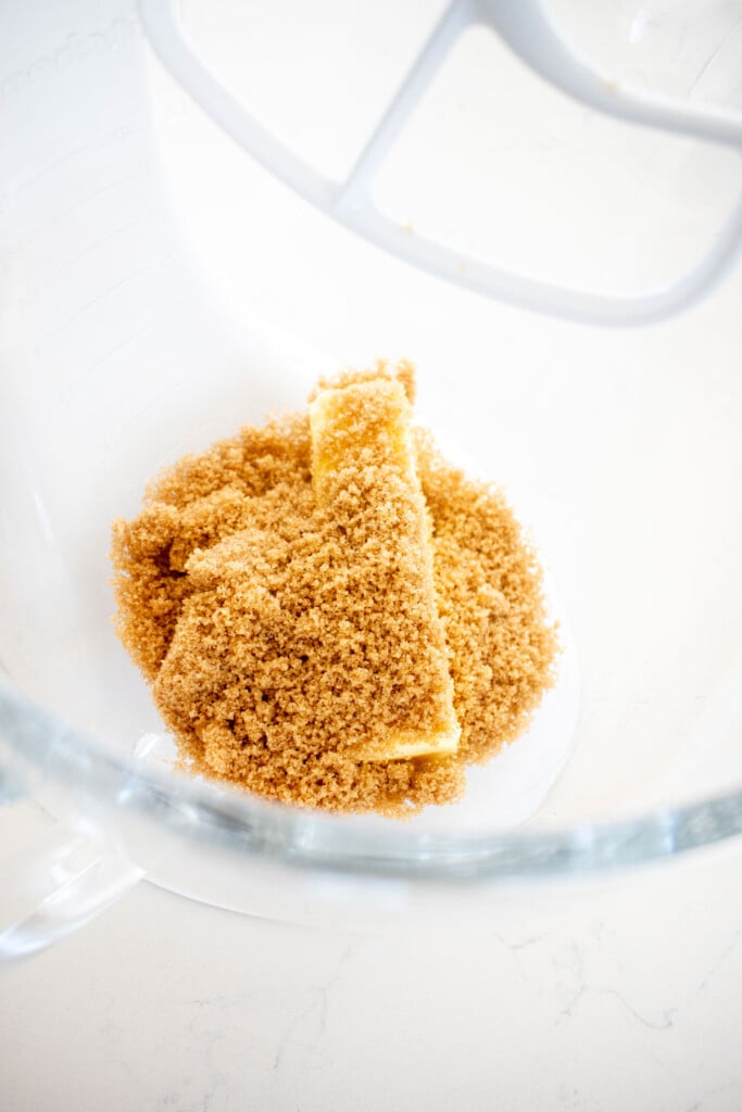 butter and light brown sugar in a glass mixing bowl.