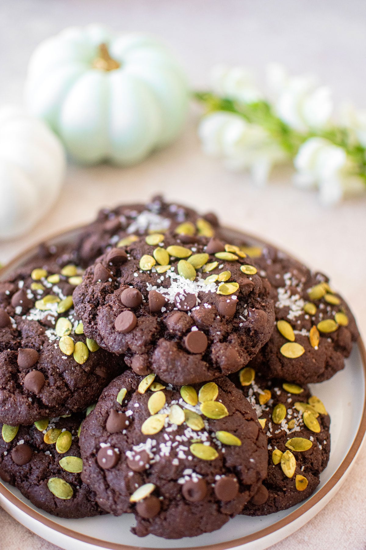 double chocolate pumpkin cookies on a plate.
