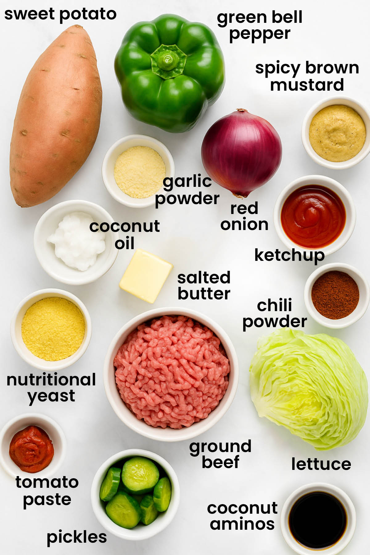 individual ingredients for healthy sloppy Joe bowls laid out against a white background.