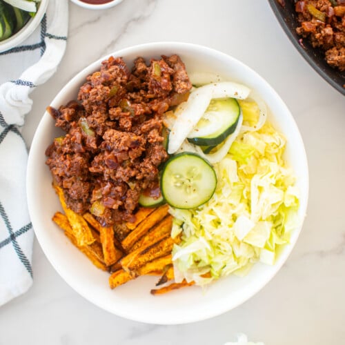 healthy sloppy joe bowl on a white marble countertop.