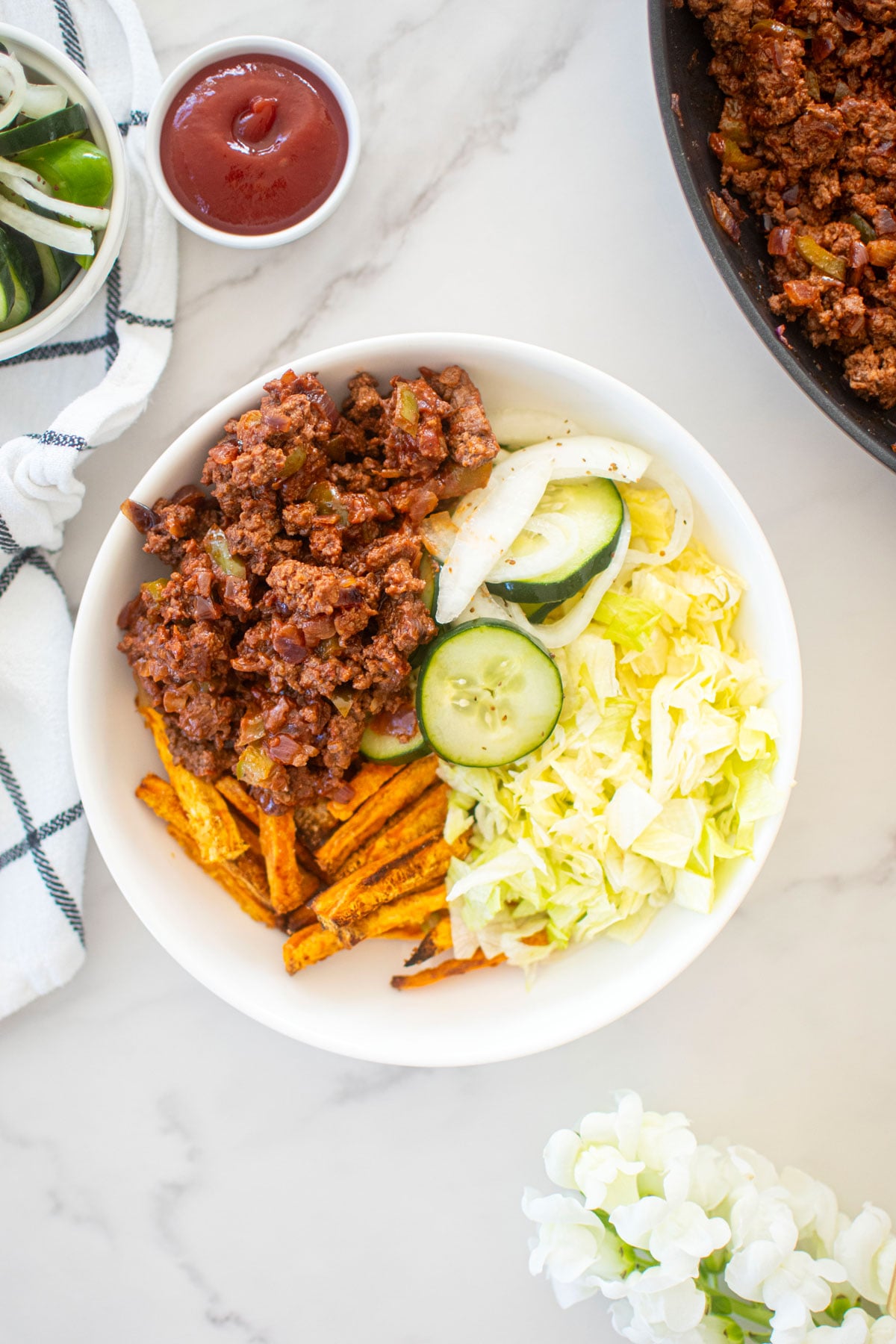 healthy sloppy joe bowl on a white marble countertop.