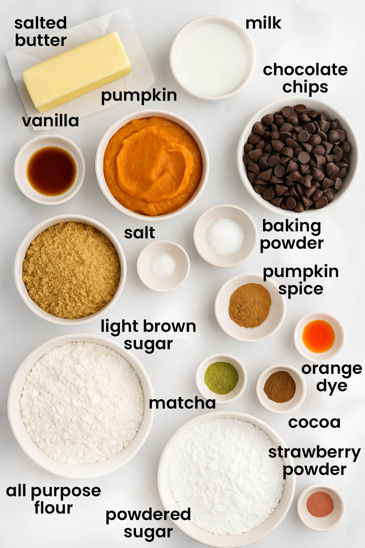 individual ingredients for pumpkin chocolate chip cookie cake laid out against a white background.