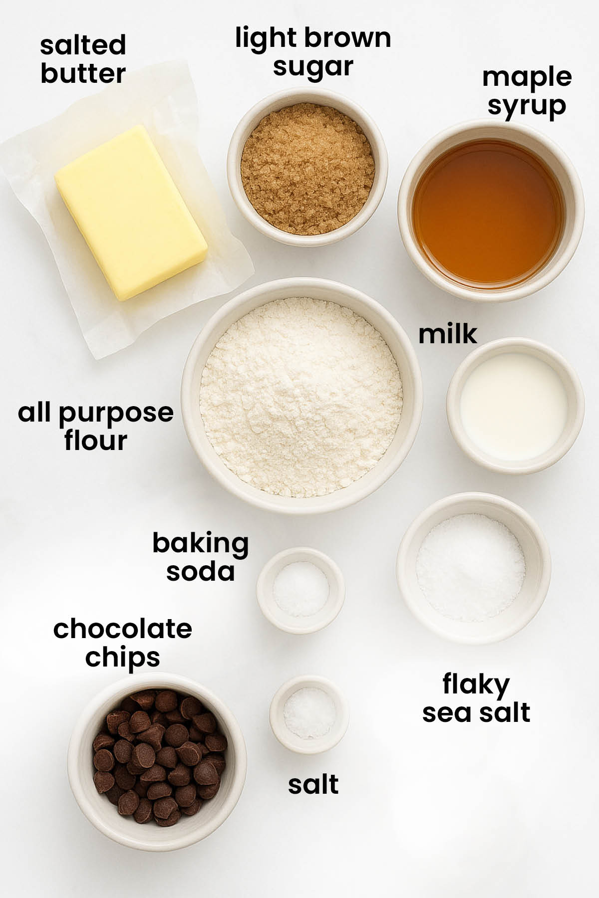 individual ingredients for small batch maple brown sugar cookies laid out against a white background.