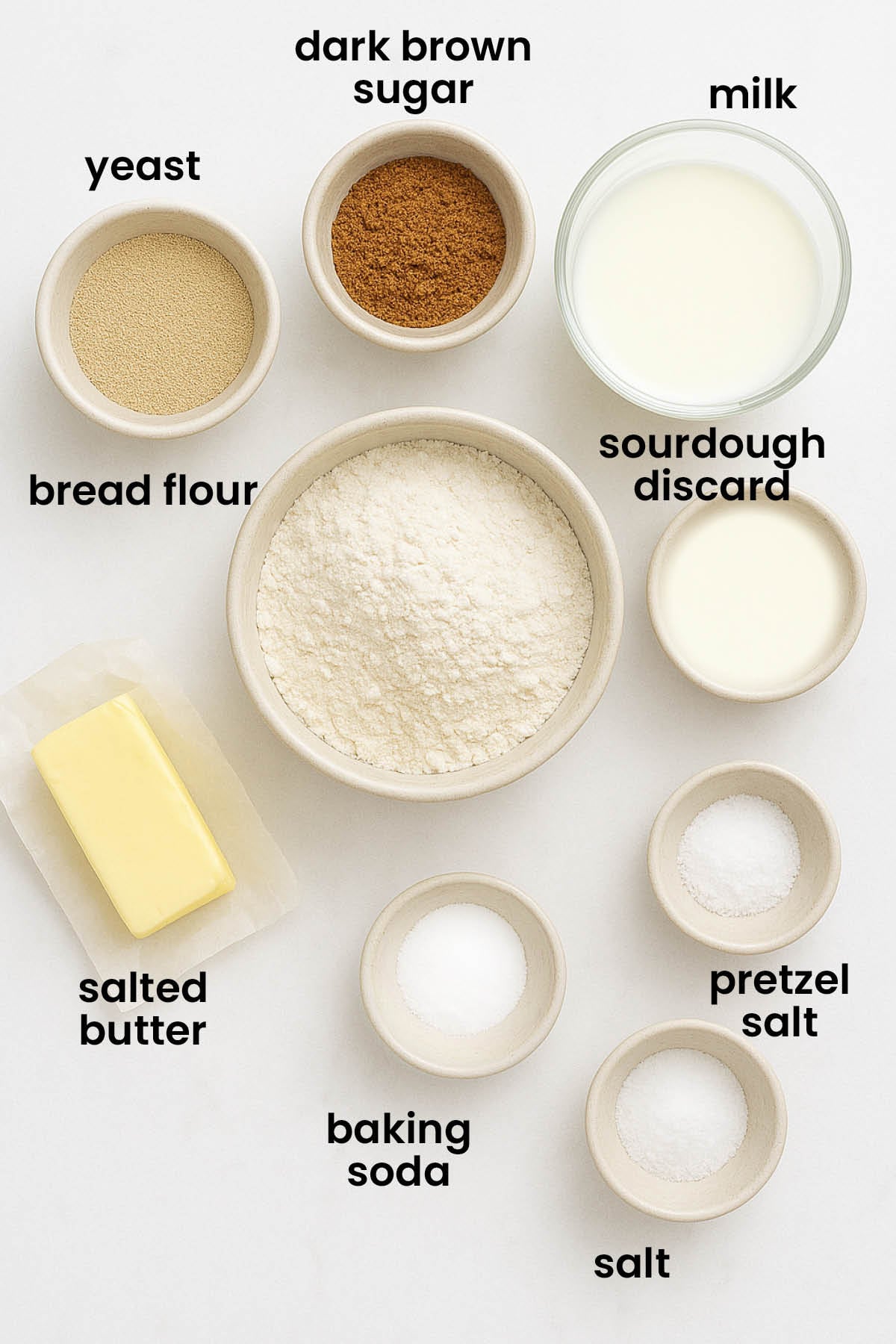individual ingredients for sourdough pretzel buns laid out against a white background.