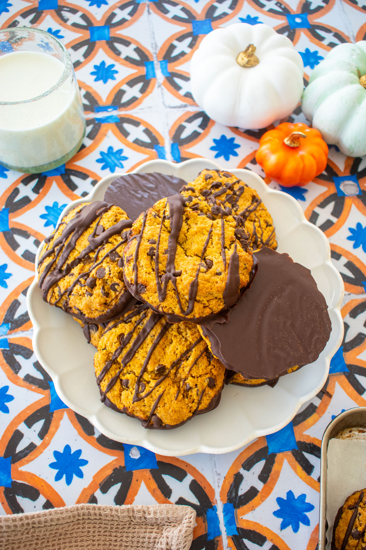 ruffle plate with chocolate dipped pumpkin cookies piled high on a tile table with a glass of milk and pumpkins.