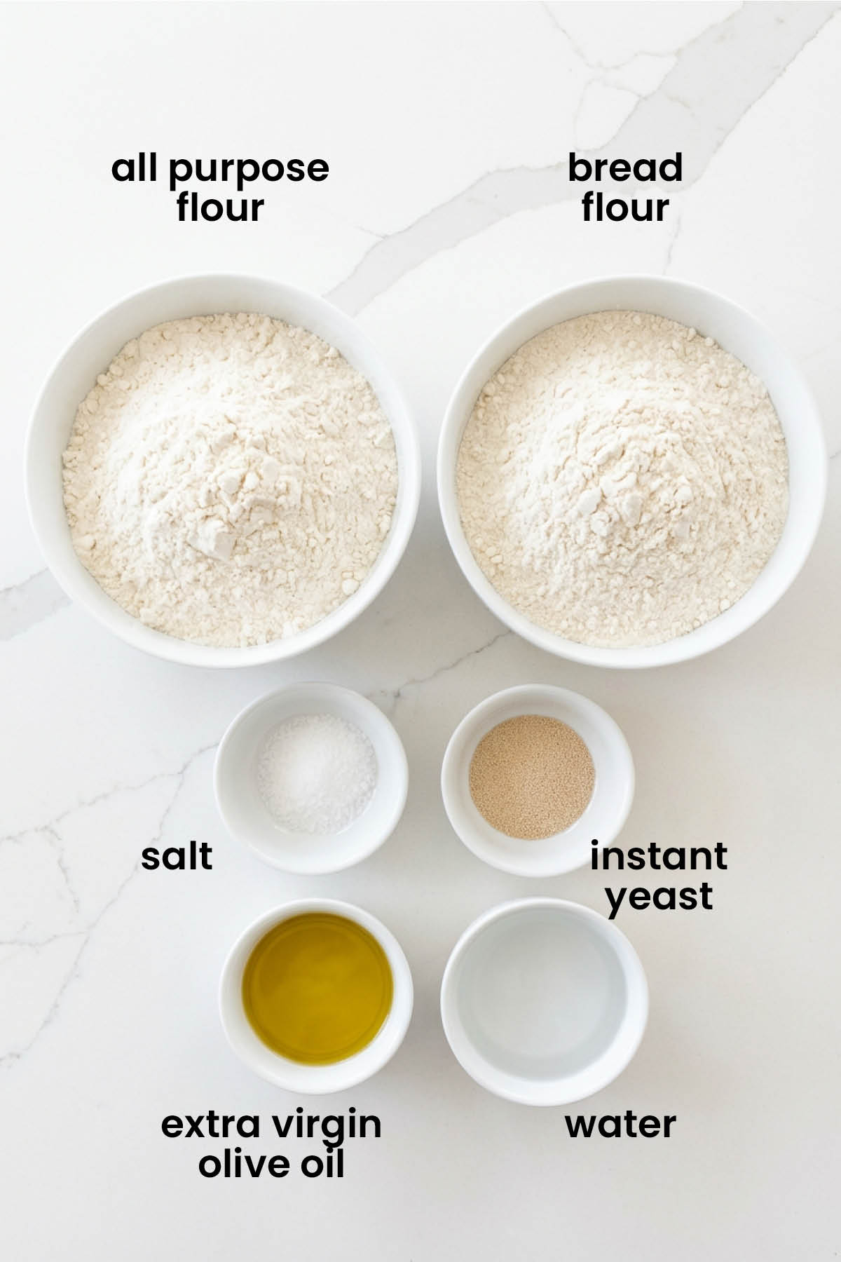 individual ingredients for crispy crust pan pizza dough laid out against a white background.
