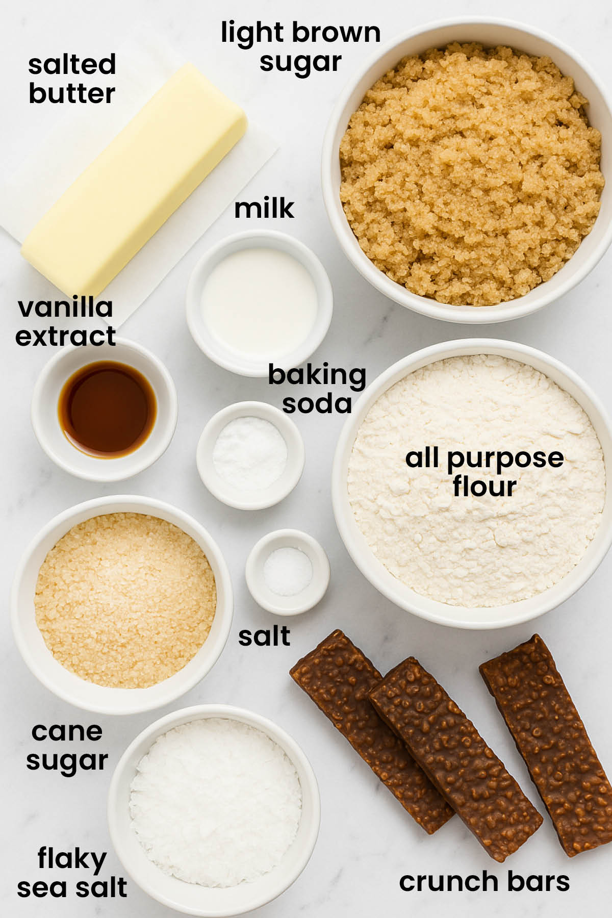 individual ingredients for crunch bar cookies laid out against a white background.