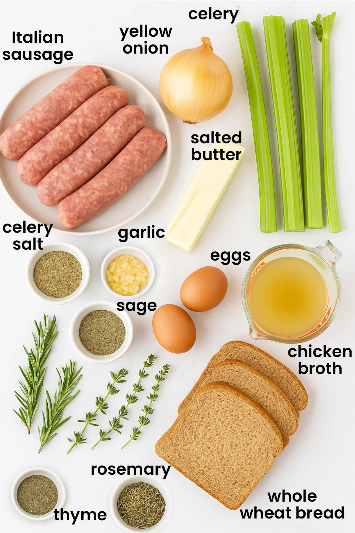individual ingredients for easy stuffing recipe laid out against a white background.