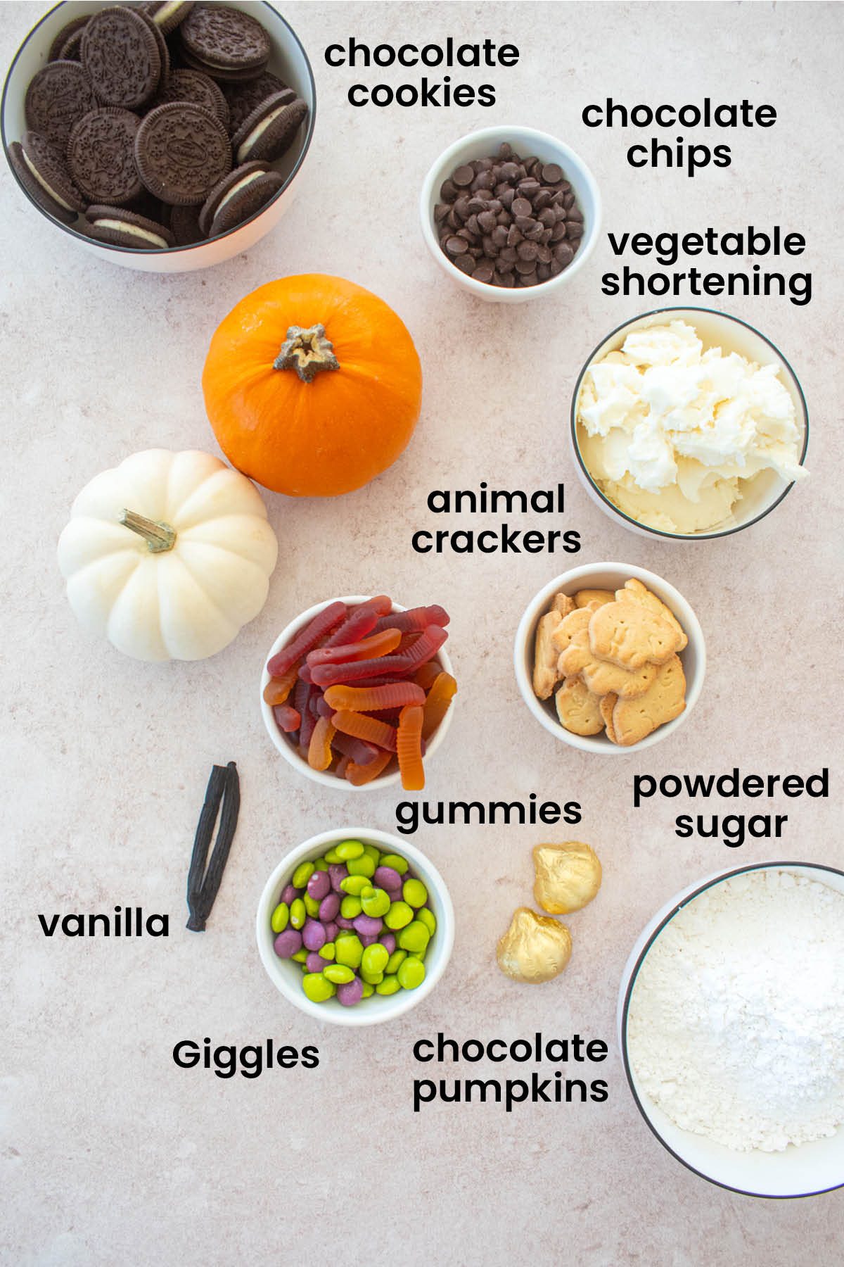 individual ingredients for Halloween dessert board laid out against a white background.