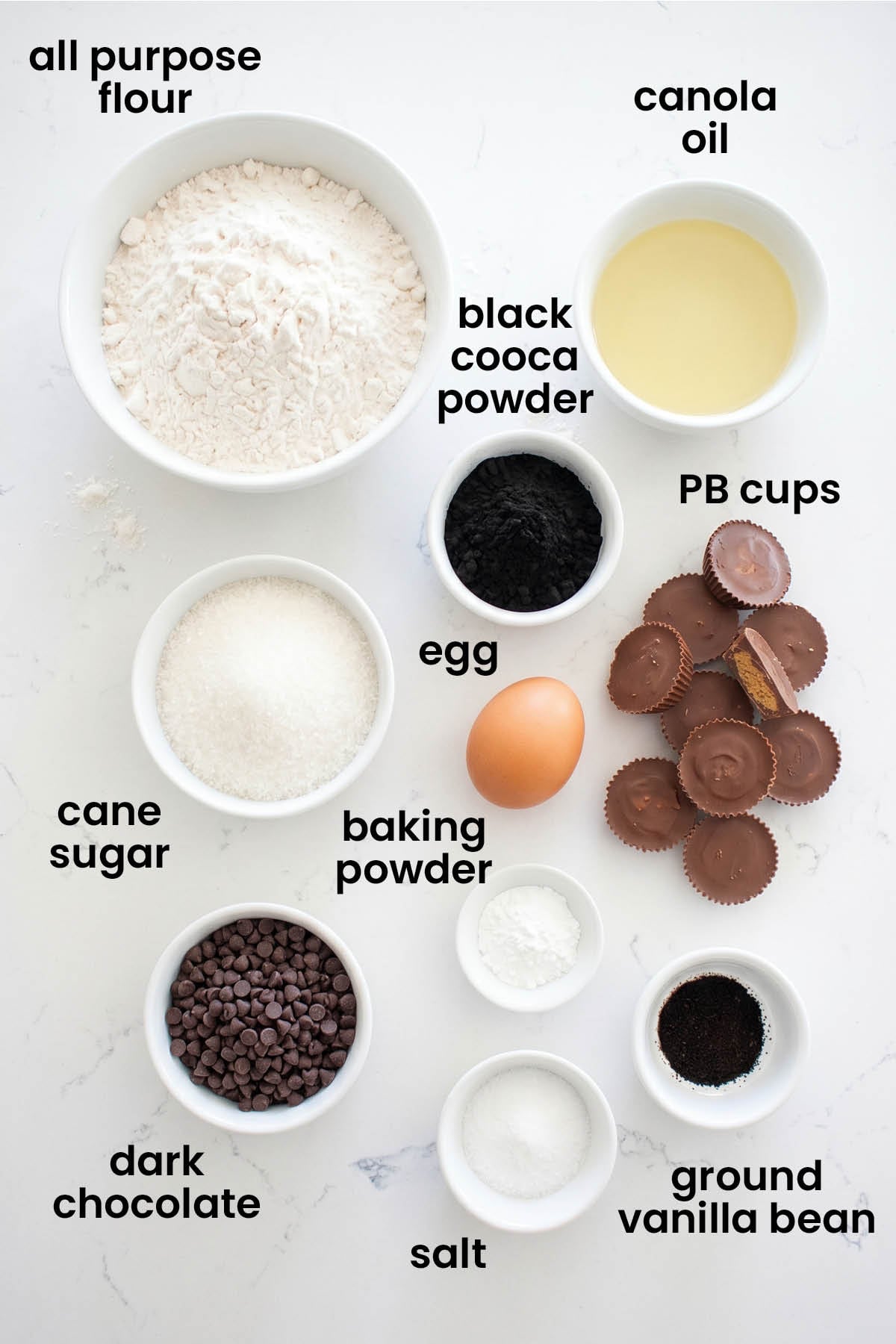 individual ingredients for peanut butter cup brownies laid out against a white background.