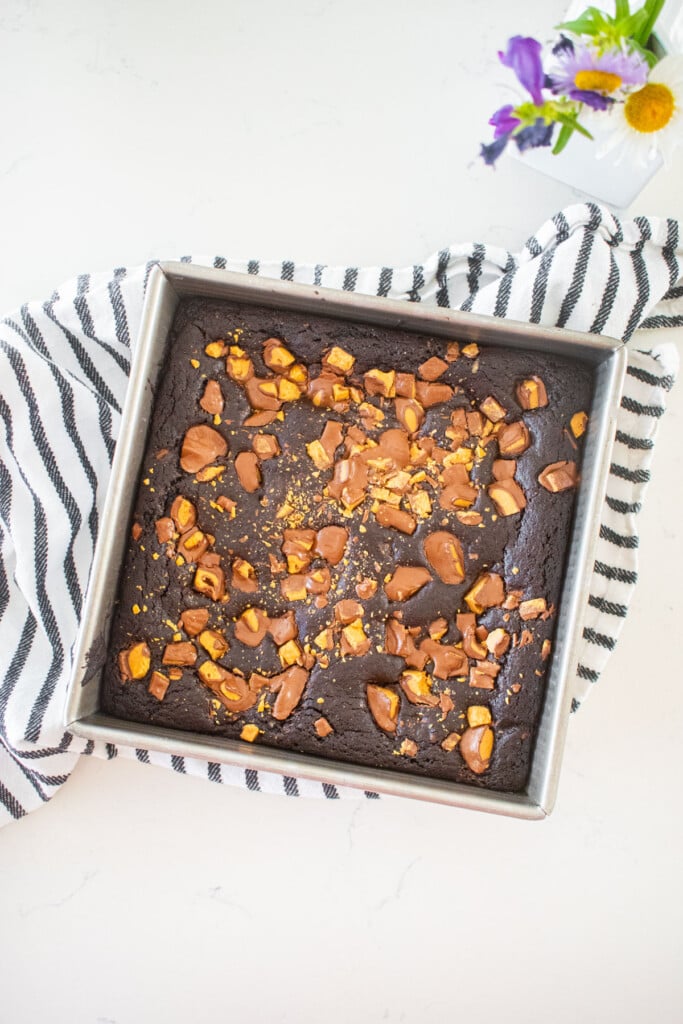 baked peanut butter cup brownies in a baking pan on a marble counter with fresh flowers.