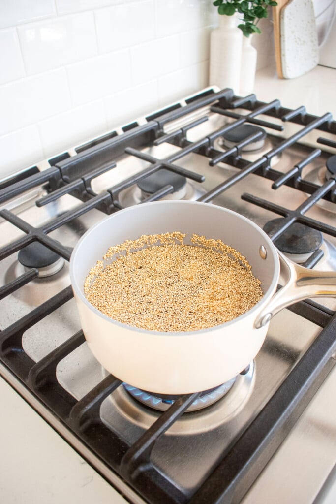bone broth and quinoa in a small pot over the stovetop.