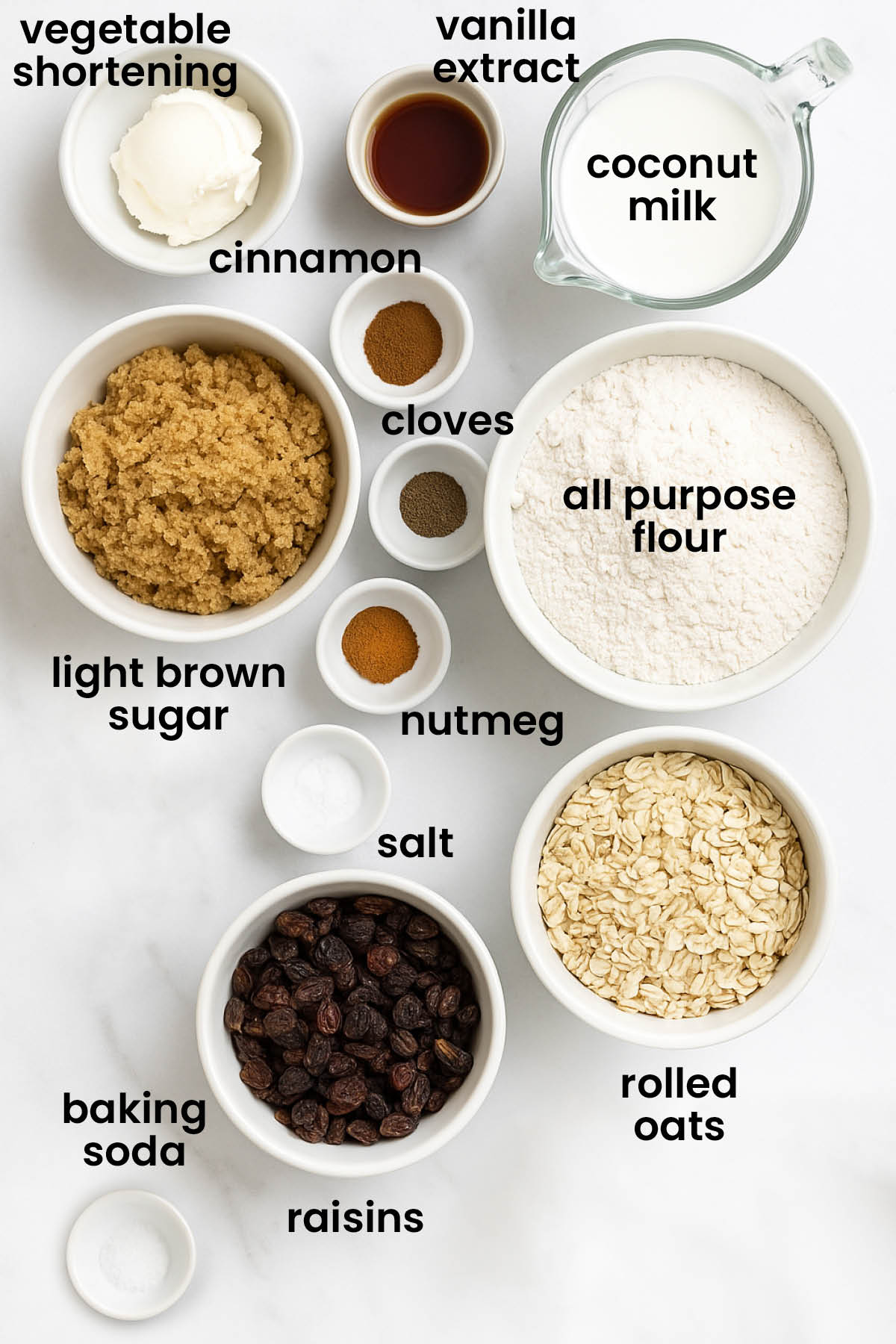 individual ingredients for vegan spiced oatmeal raisin cookies laid out against a white background.