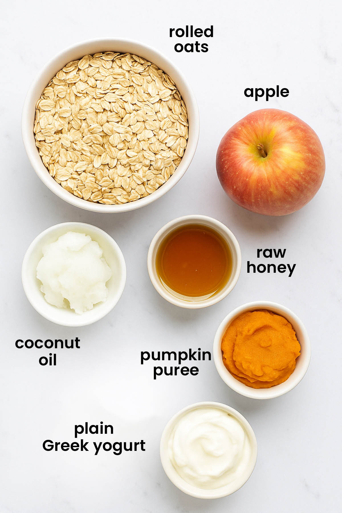 individual ingredients for apple crisp for dogs laid out against a white background.