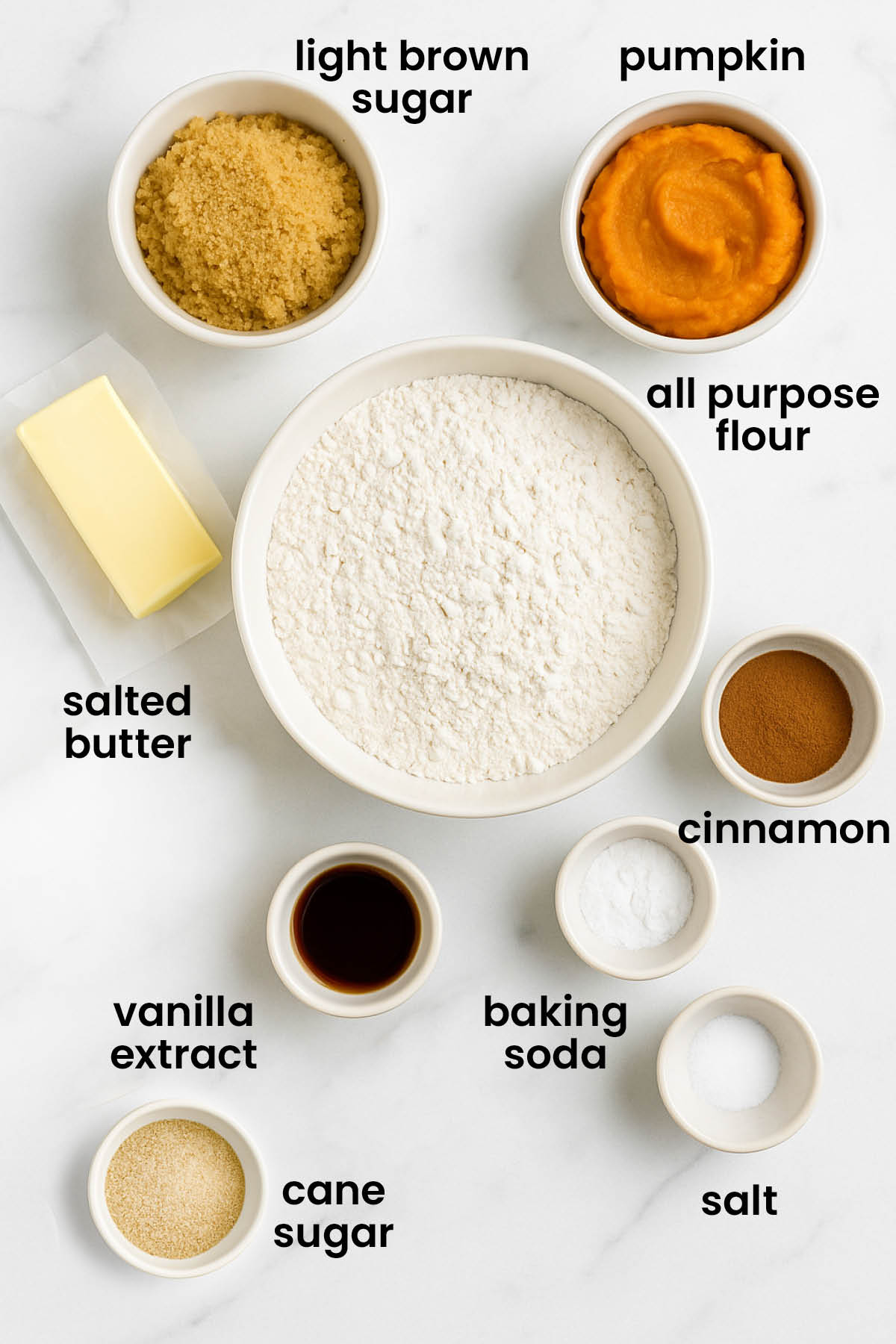 individual ingredients for eggless brown sugar pumpkin snickerdoodles laid out against a white background.