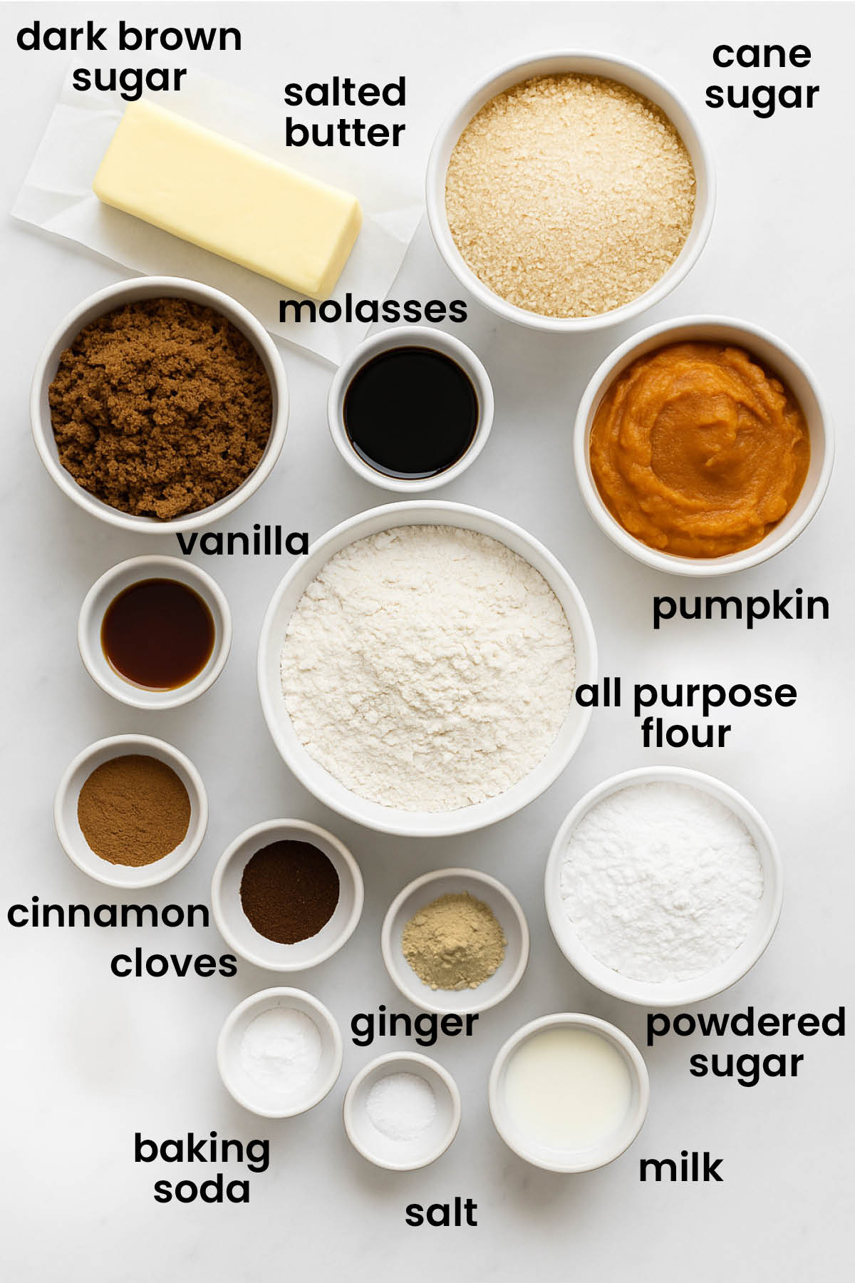 individual ingredients for eggless pumpkin gingerbread cookies laid out against a white background.