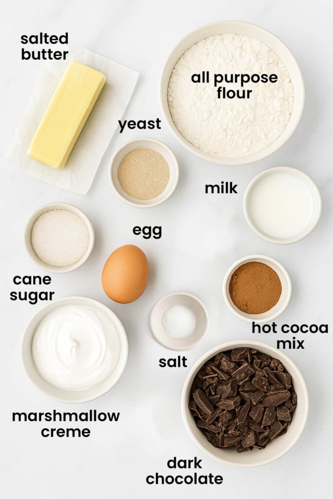 individual ingredients for hot chocolate sweet rolls laid out against a white background.