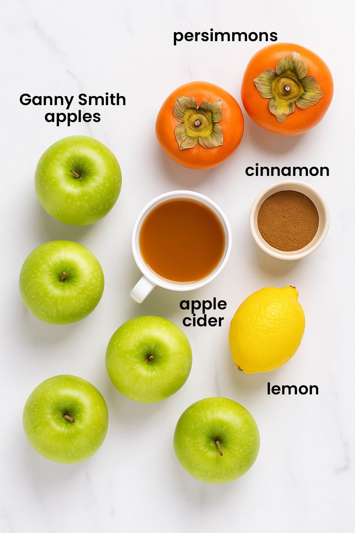 individual ingredients for persimmon apple cider jam laid out against a white background.