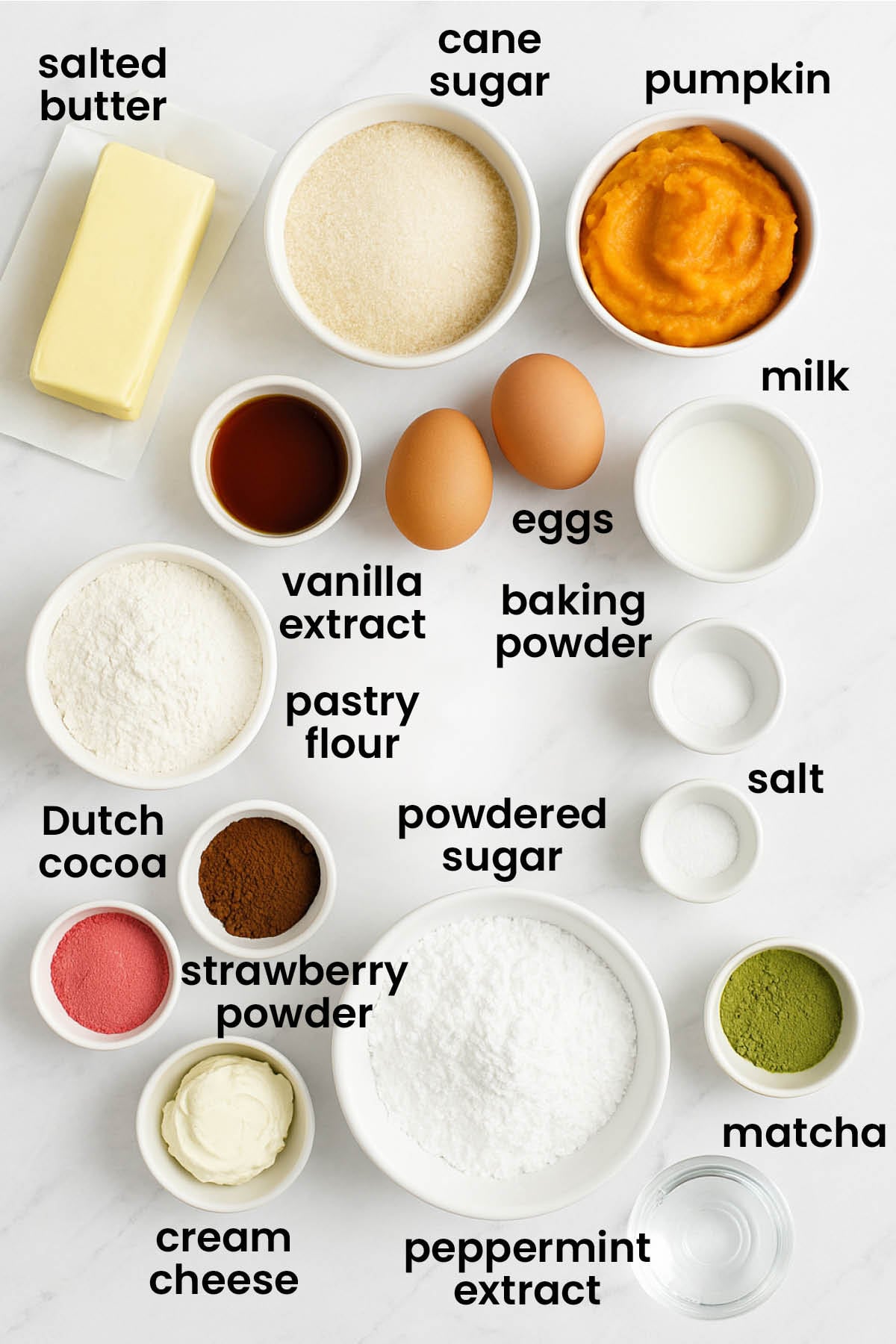 individual ingredients for chocolate peppermint christmas tree cupcakes laid out against a white background.