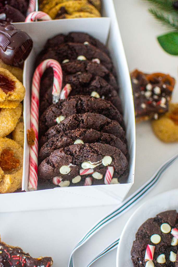 diy christmas cookie box with separators and different cookies in each slot.