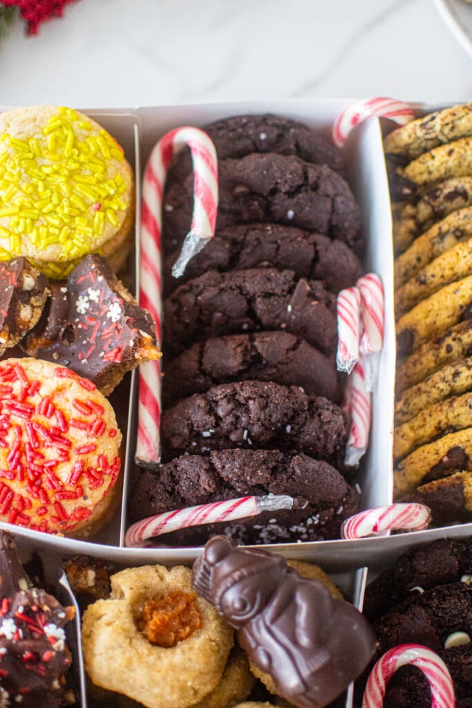 diy christmas cookie box with separators and different cookies in each slot.