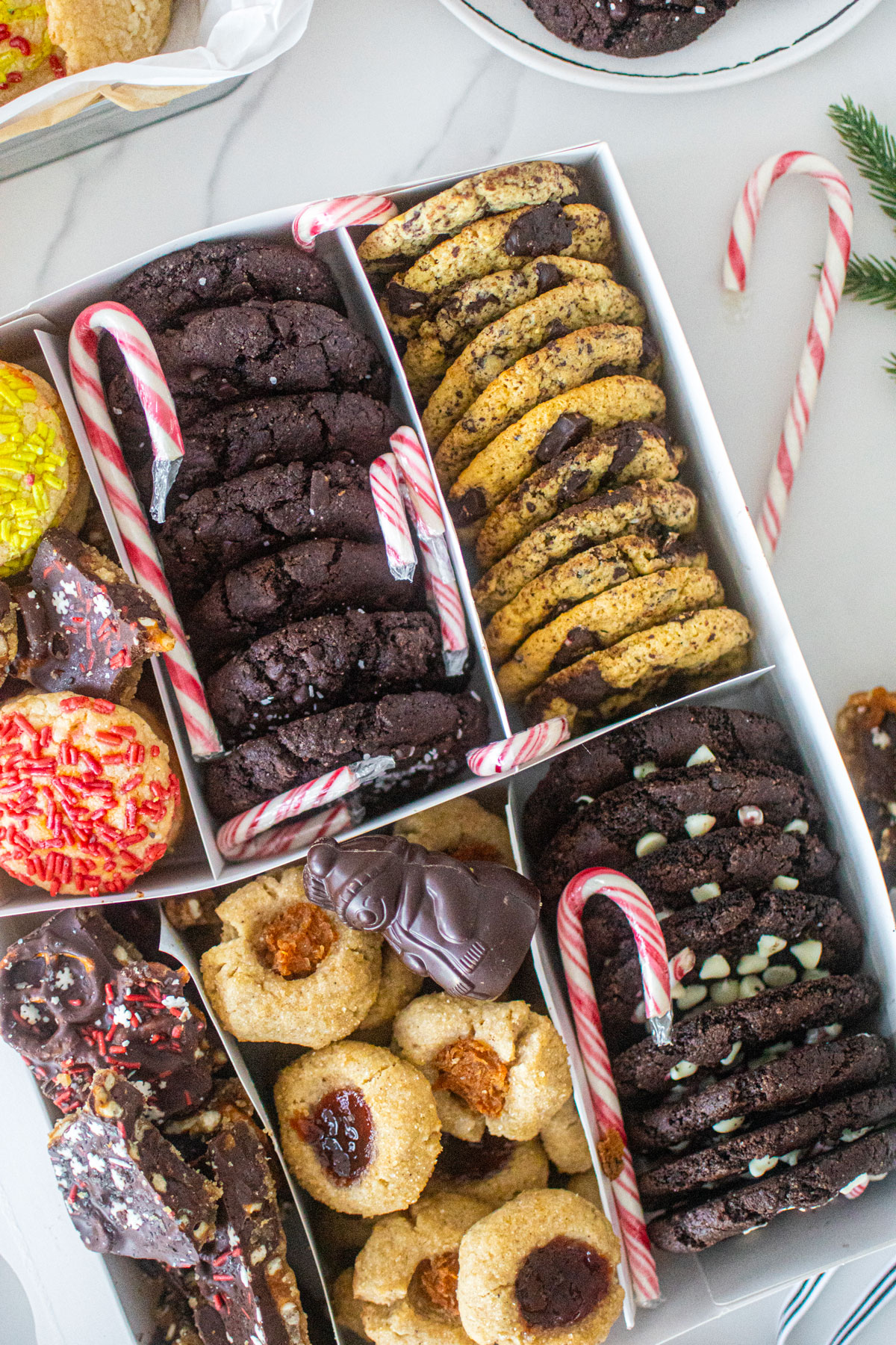 diy christmas cookie box with separators and different cookies in each slot.