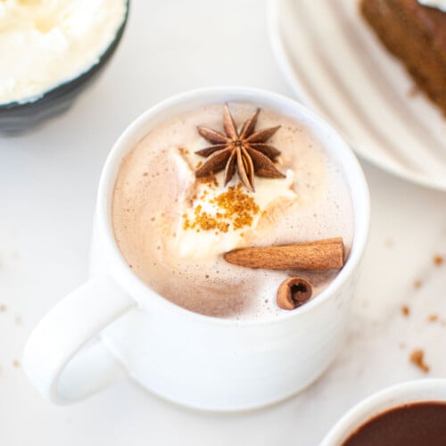 healthy gingerbread hot chocolate in a mug with a star anise and cinnamon stick.