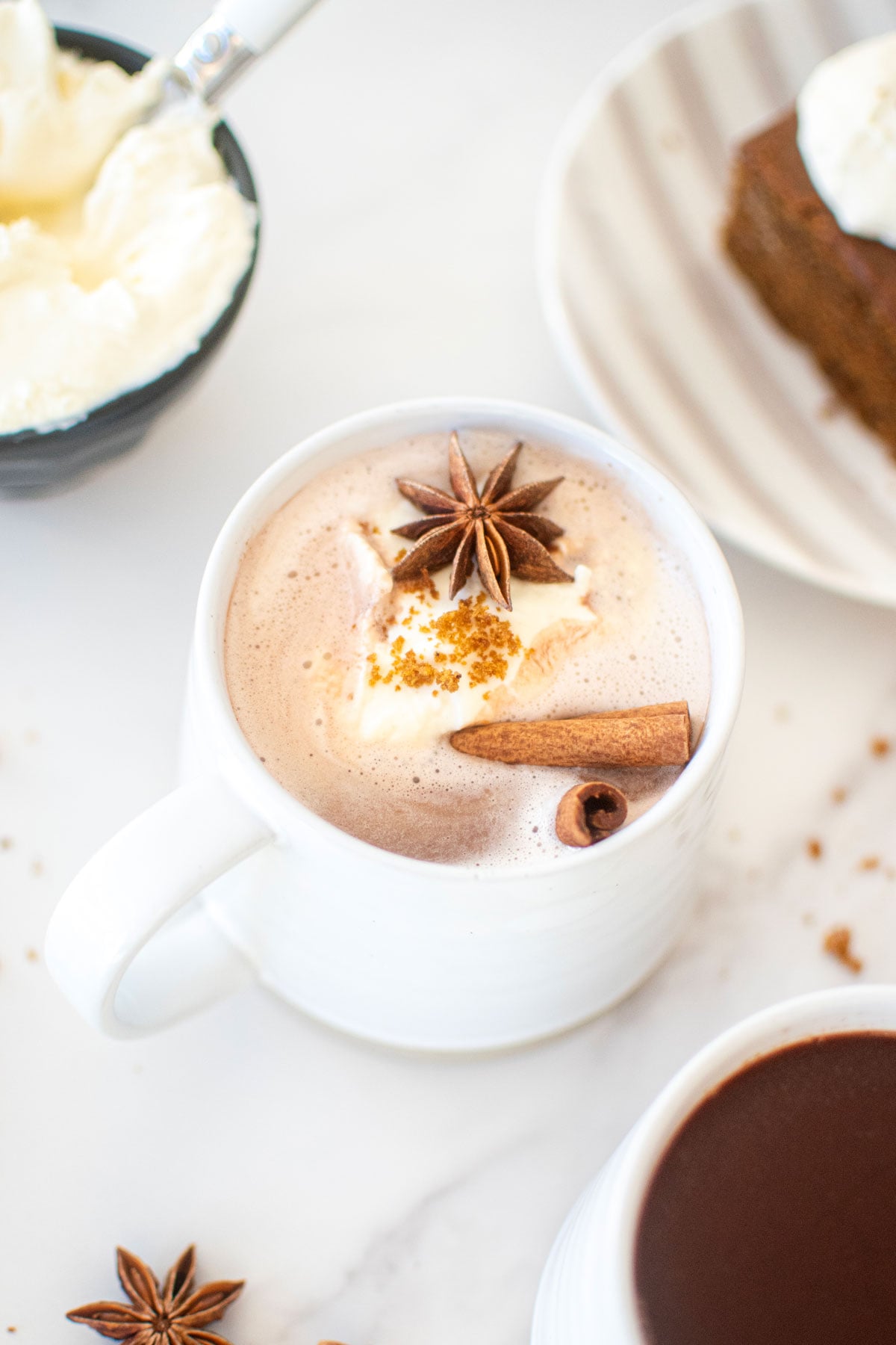 healthy gingerbread hot chocolate in a mug with a star anise and cinnamon stick.