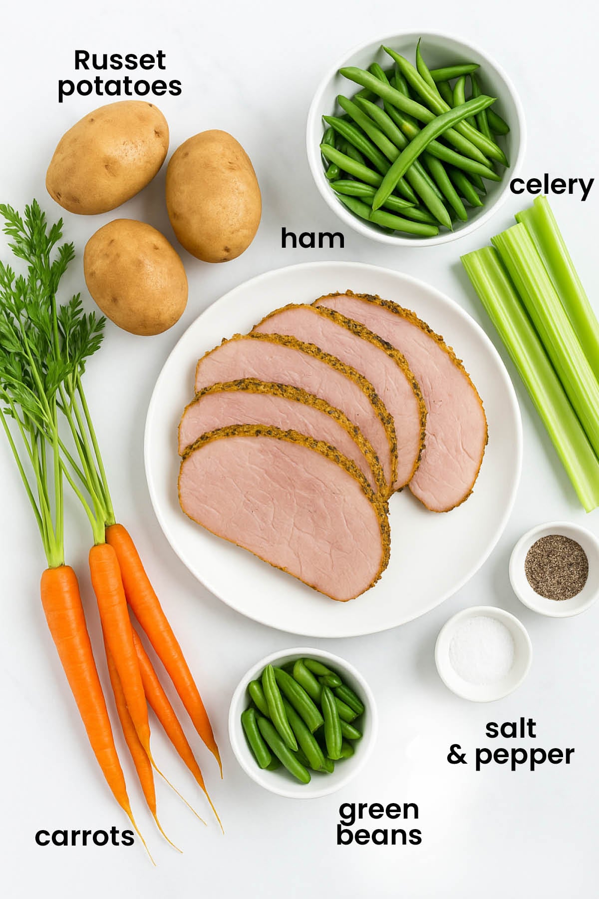 individual ingredients for ham bone soup laid out against a white background.