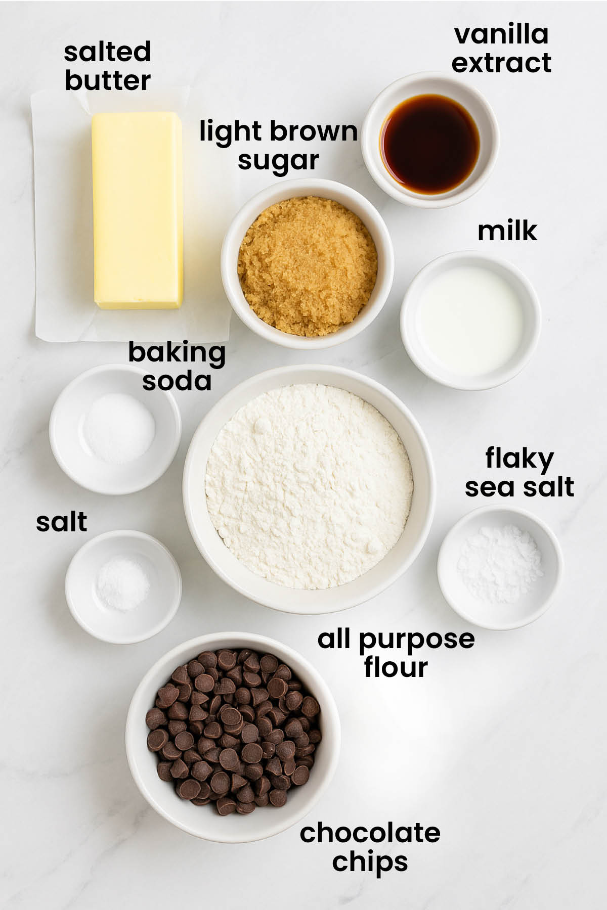 individual ingredients for single serve chocolate chip cookie laid out against a white background.