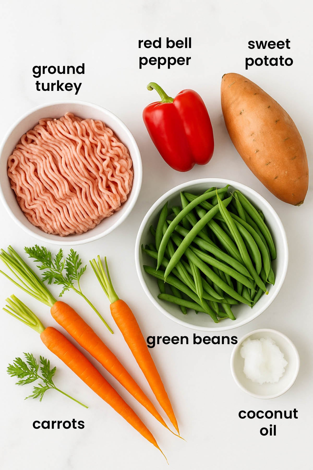 individual ingredients for turkey dog food laid out against a white background.