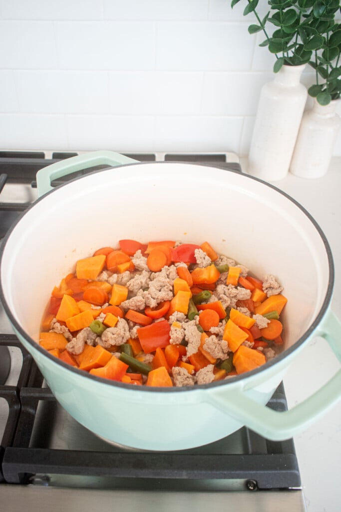 homemade turkey dog food being cooked in a dutch oven on the stovetop.