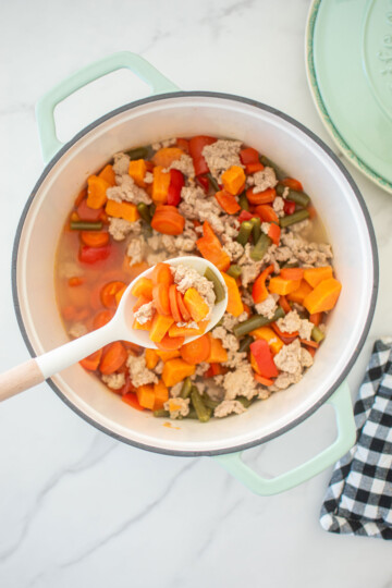 homemade turkey dog food recipe in a dutch oven on a white countertop.