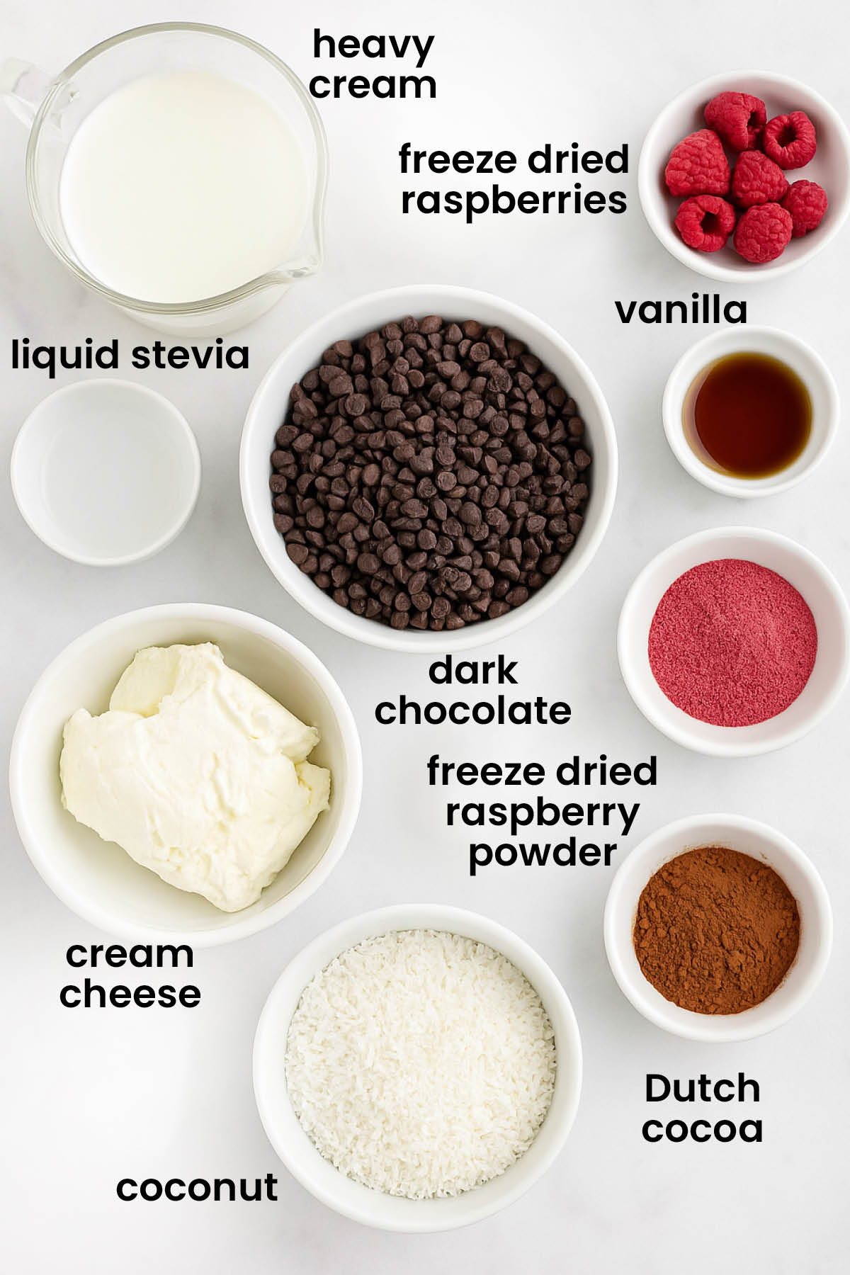 individual ingredients for dark chocolate raspberry truffles with cream cheese laid out against a white background.