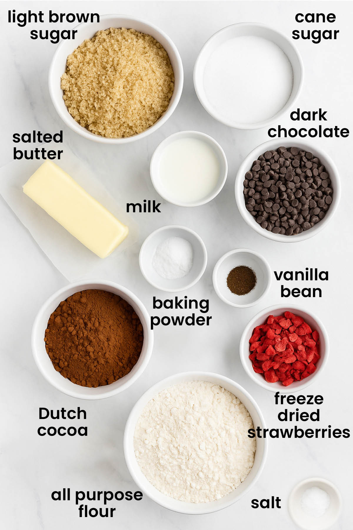 individual ingredients for eggless chocolate strawberry cookies laid out against a white background.