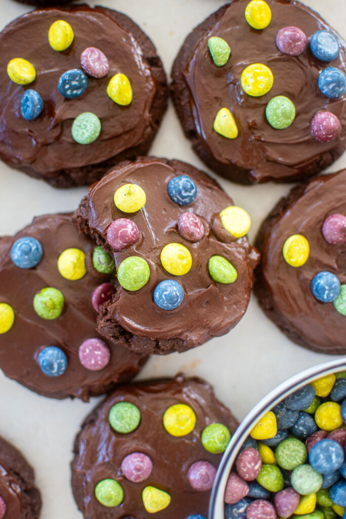 eggless cosmic brownie cookies on a baking sheet.
