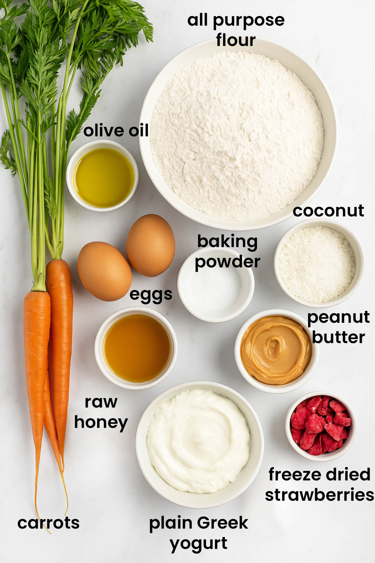 individual ingredients for homemade pupcakes laid out against a white background.