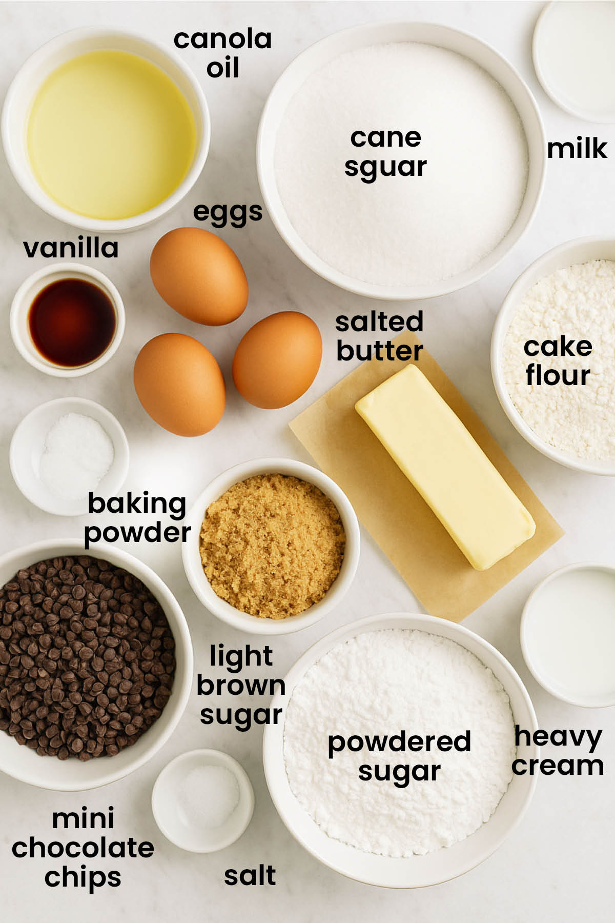individual ingredients for cookie dough layer cake laid out against a white background.